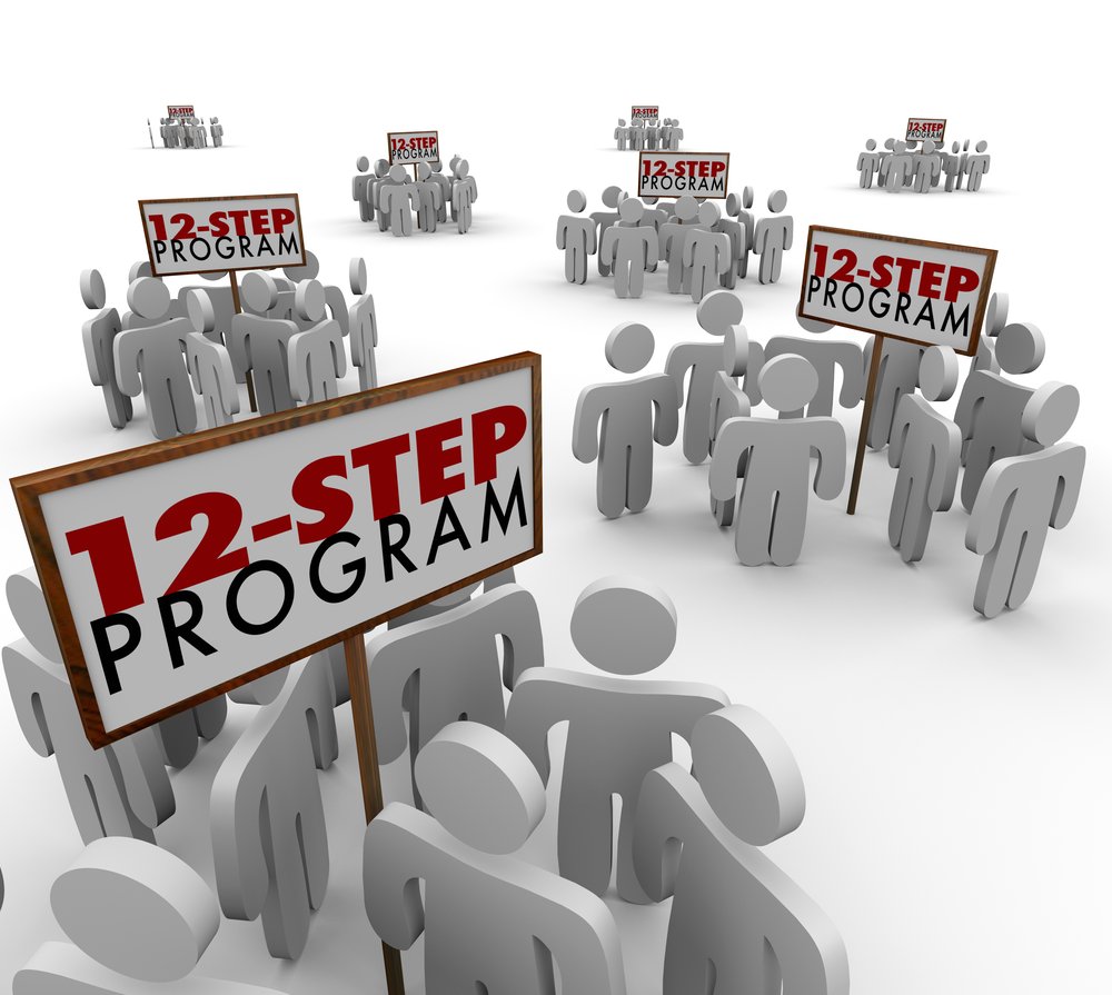 12 Steps - Graphic of small stick figure like people in 8 groups of about 10 with each group holding up a 12 steps sign that reads "12-Step Program".