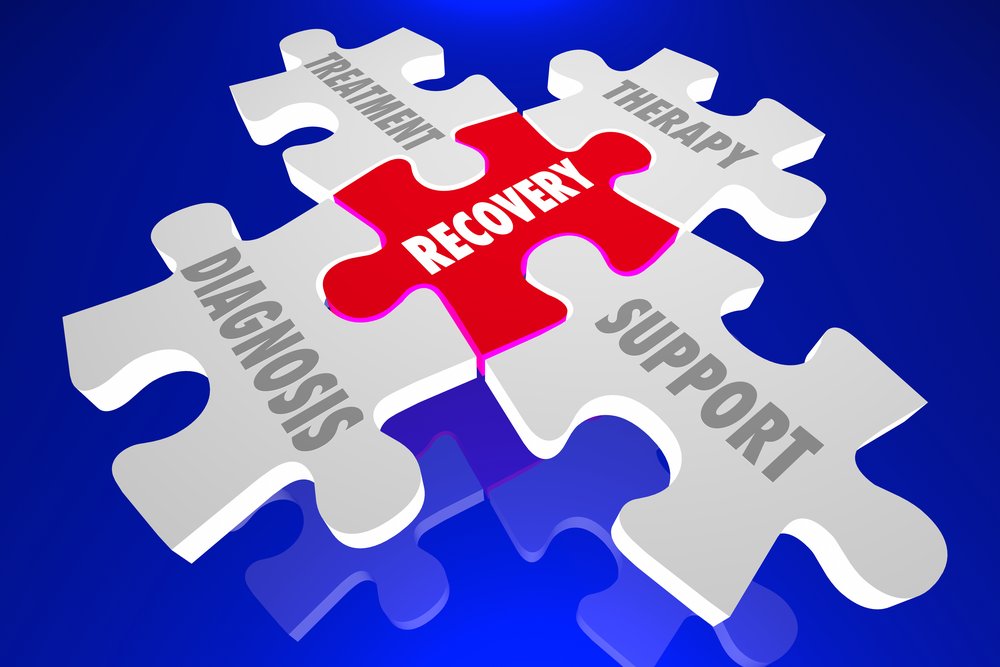 Addiction Treatment - Graphic of several puzzle pieces put together with a red piece in the middle tha says "recovery". Around that are 4 other pieces that say "Therapy" on top, "Support" on the right, "Diagnosis" on the bottom and "Treatment" on the left side.