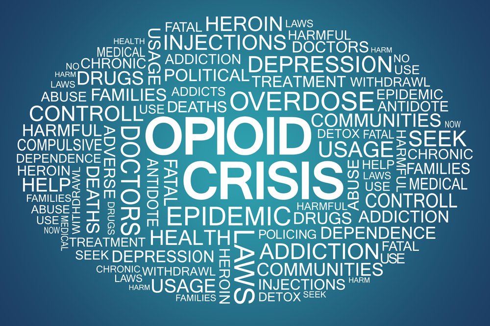Opioid Crisis - A graphic with Opioid Crisis in white letters big in the middle surrounded with smaller words that are related like overdose, deaths , depression, withdrawl, detox, fatal and more in different sizes all around it.