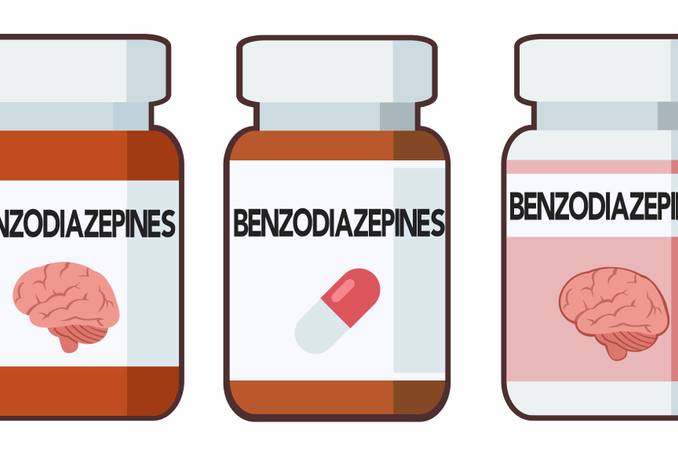 Illustrated benzodiazepine bottles with brain and capsule shown on labels