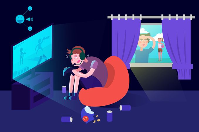 Online gaming addiction concept art, with boy seated in chair, surrounded by waste and with friends looking in through the window