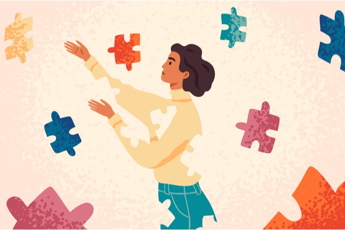 Artist's rendering of a woman putting back her missing puzzle pieces with therapy