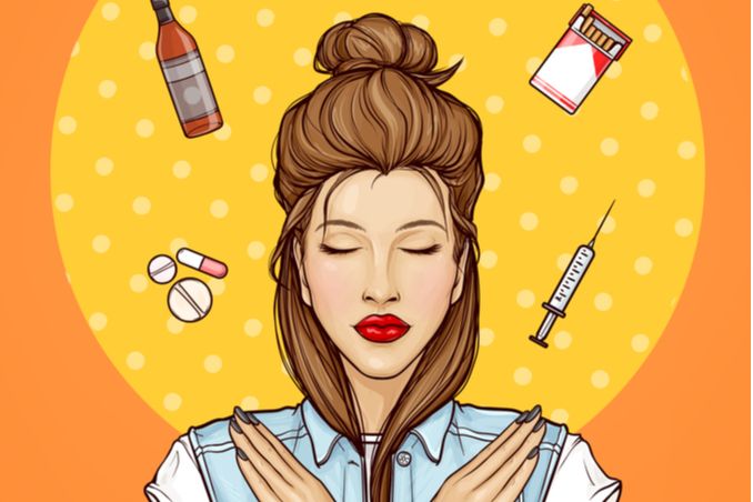Illustration of woman with her arms crossed, and drugs and alcohol around her head, to depict relapse prevention