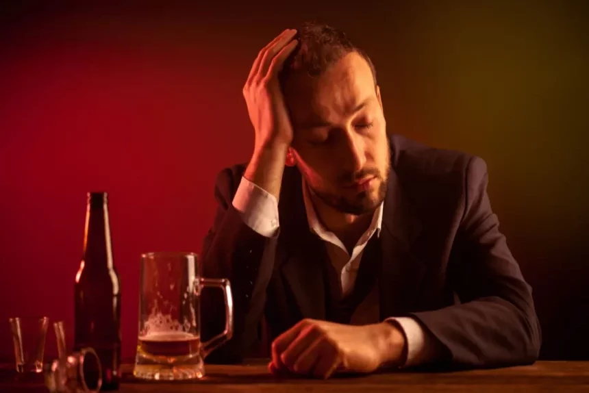 A man contemplates cold turkey detox from alcohol surrounded by drinks at a bar