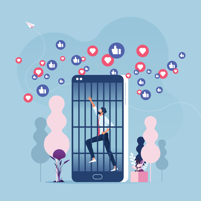 Design of man trapped in mobile phone 'prison' with logos of social media companies surrounding him