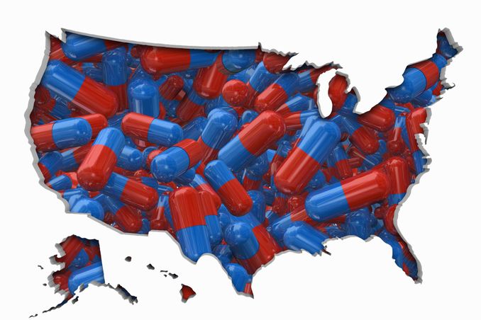 A map of the US filled with Rx pills, to show concept of rehabs that accept Beacon Insurance