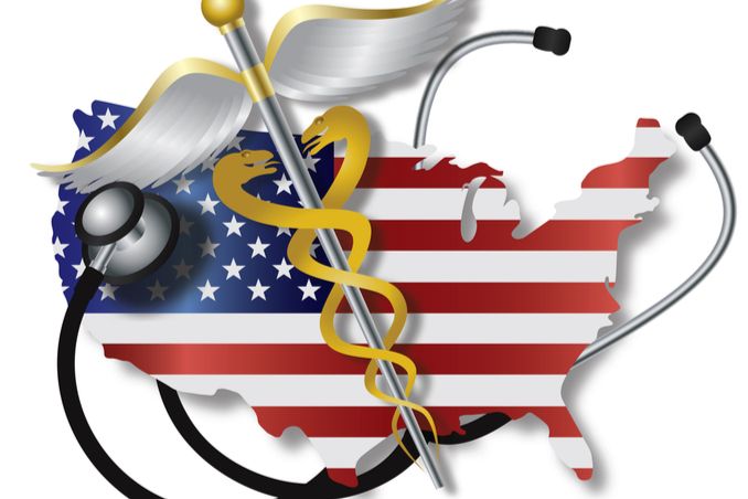 Stethoscope and caduceus across an image of the United States, to show rehabs that accept Humana Insurance