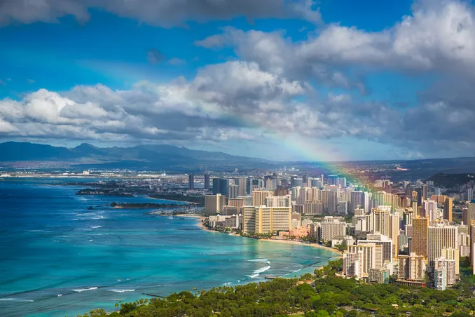 A rainbow descends on Honolulu, to show the promise of addiction treatment and recovery in the Hawaii, Aloha State
