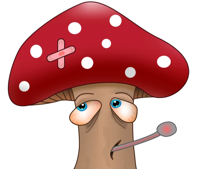 Cartoon showing mushroom overdose symptoms
