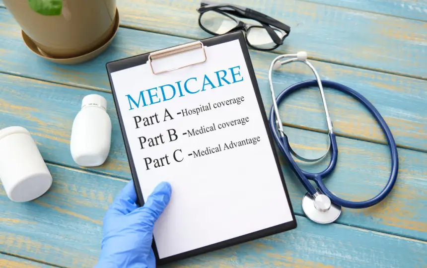 Clipboard with Medicare listed shows the concept of Medicare Advantage and Drug Rehab for Seniors