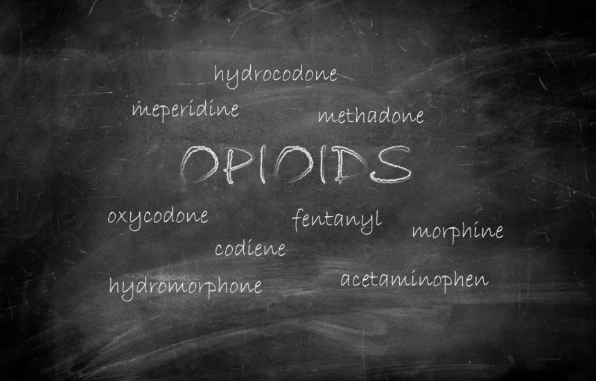 Chalkboard with opioid types listed to show concept of methadone abuse