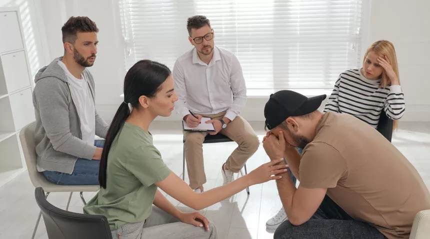 Group of drug addicted people at therapy session