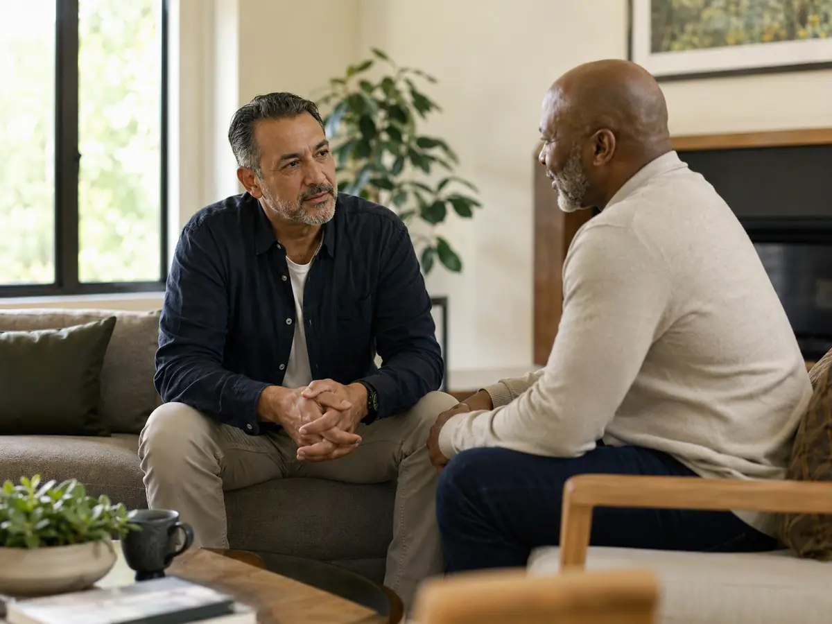 Two adults having a private, supportive conversation
